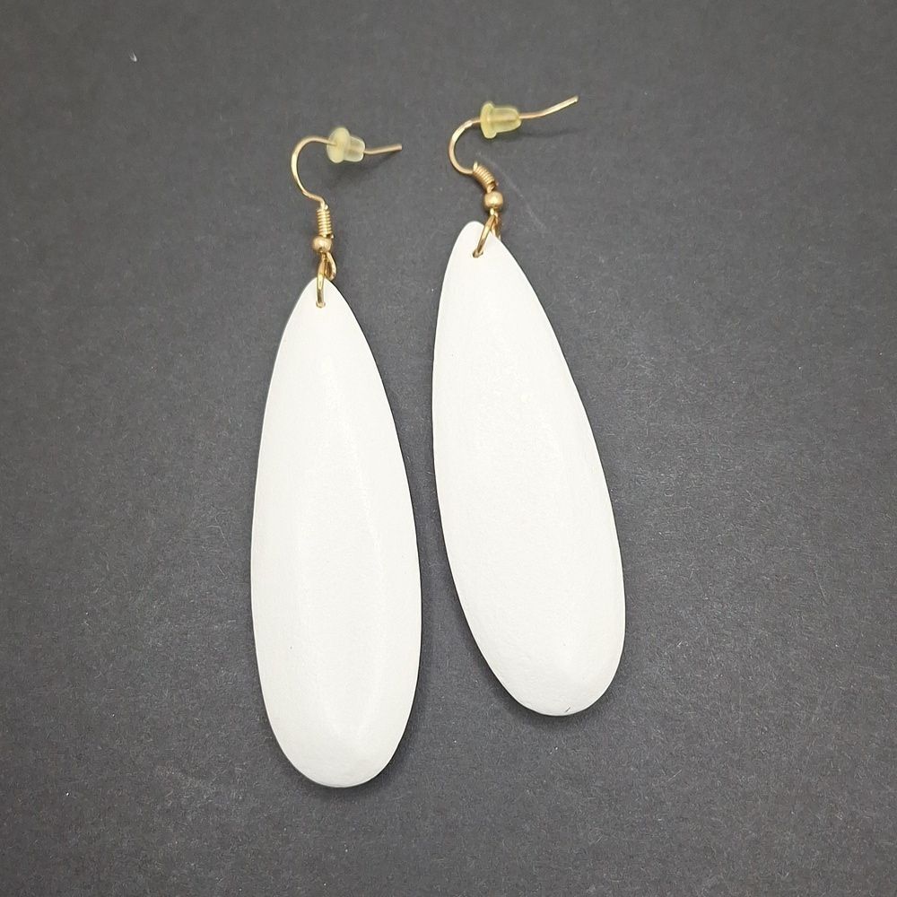 Long white earrings tear drop wood Bohemian statement jewelry
